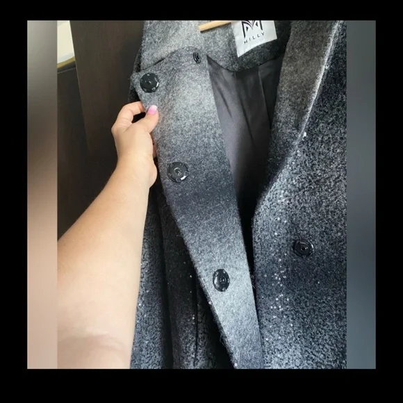 Milly Women's Sequin Wool Angle Coat Charcoal Long Blazer Ombre size M - Picture 4 of 5